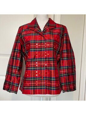 Vtg ISC Petite Red Plaid Silk Jacket Size PS 100% Silk Sequins Notched Collar